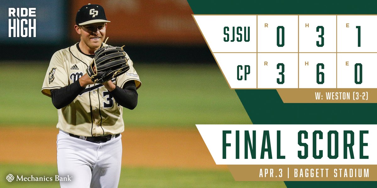 Final | MUSTANGS WIN!! Cal Poly takes the series (3-0) against San Jose State! Weston picks up the win pitching 8 scoreless innings!

#RideHigh | #SJSUvsCP