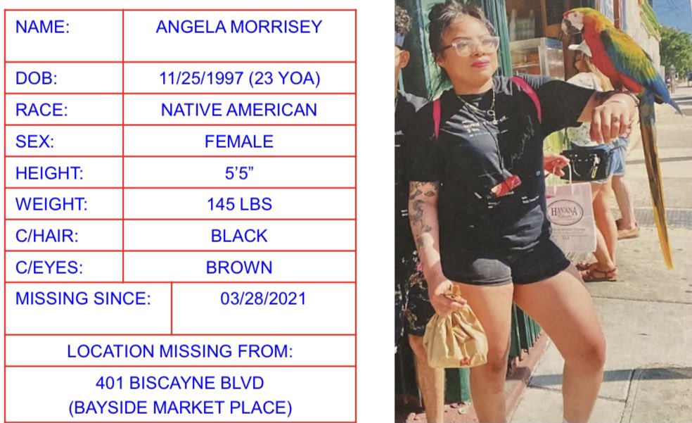 MiamiPD's tweet photo. We need assistance locating 23 yr old Angela Morrisey who has been  missing since 3/28/21 from 401 Biscayne Blvd. She was last seen wearing a black shirt w/ a white design and black shorts w/ white shoes. If you know of her whereabouts, please call 305-603-6300 or 305-579-6111. https://t.co/iwPH1TL0uj