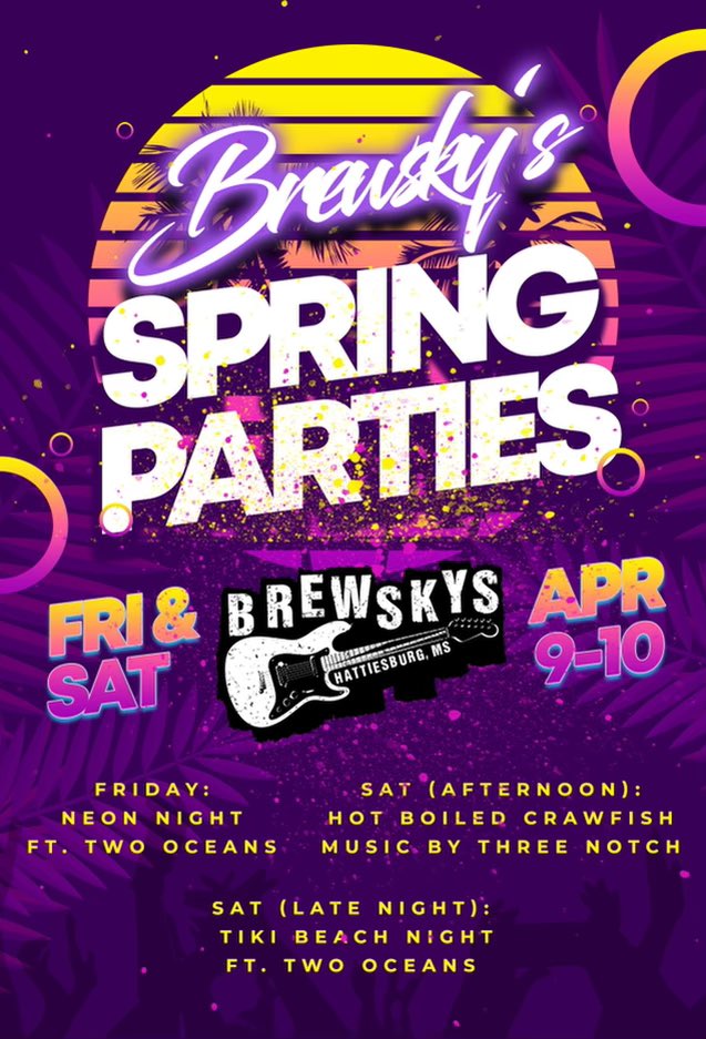 BrewskysHatti's tweet photo. Can’t have Spring Parties this year? Brews has you covered next weekend!! Friday night Neon themed Party with Two Oceans, Darty time Saturday from 1-till with free cover, boiled crawfish and live music outside, then Saturday night Beach/Tiki theme with Two Oceans once again!! https://t.co/3MKgCC6p6Z