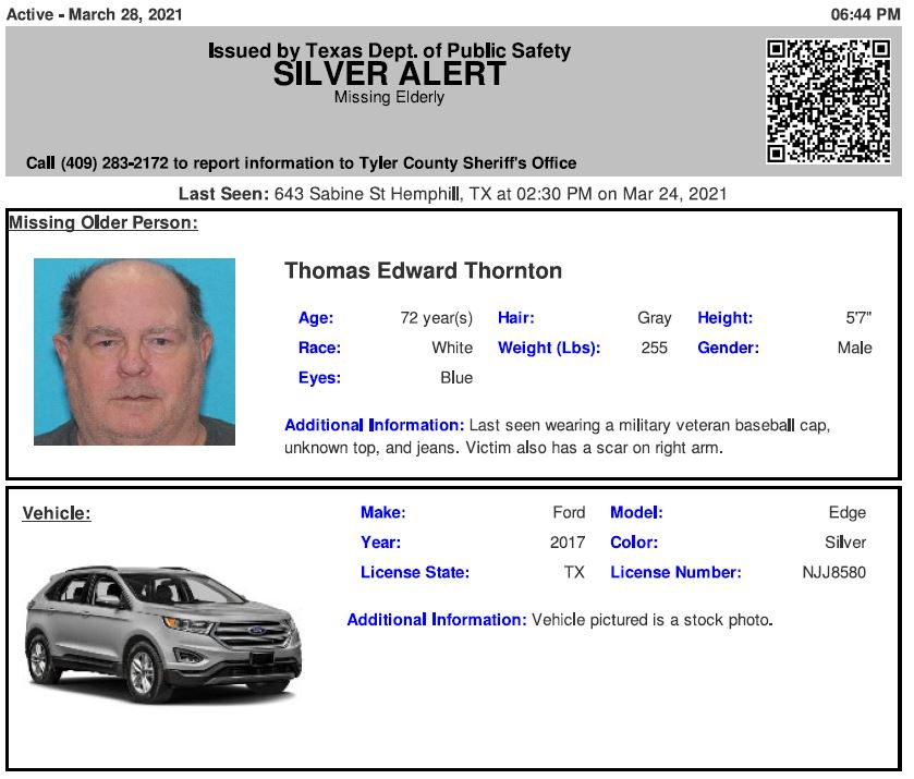Texas Alerts On Twitter Silver Alert Continues Initially Issued On 03 28 2021 For Thomas Edward Thornton From Hemphill Tx Tx Plate Njj8580 Https T Co Zlipez1gim