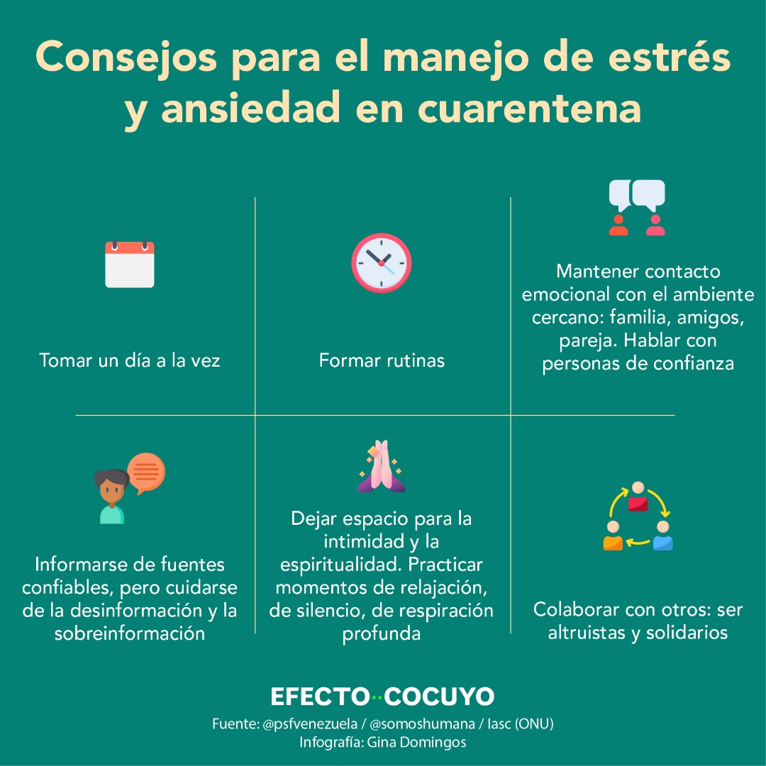 Durante la cuarentena para #PrevenirCOVID19 se han visto más afectadas a nivel emocional las personas que ya soportaban un nivel de estrés muy alto por la situación socioeconómica de Venezuela. Es esencial cuidar la salud mental en tiempos de pandemia