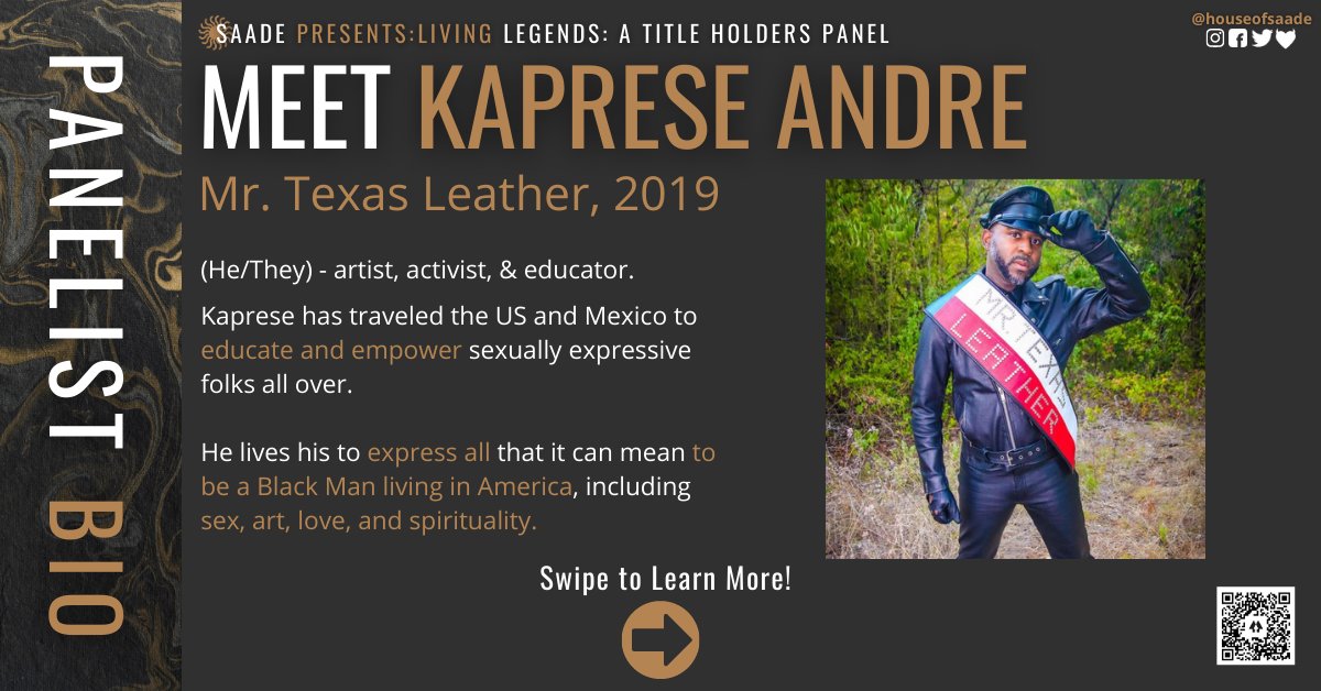 sadeclasses's tweet photo. Our next surprise panelist: MrTxLeather2019 Kaprese Andre!π
Join us on Apr9 at 7pmCST on Zoom for our Living Legends: A Titleholders Panel!
Stay tuned for our next surprise panelist!π
Visit: https://t.co/yT3rXUssVz
#kapreseandre #mrtxleather #leathertitle https://t.co/Nm0bKHByUS