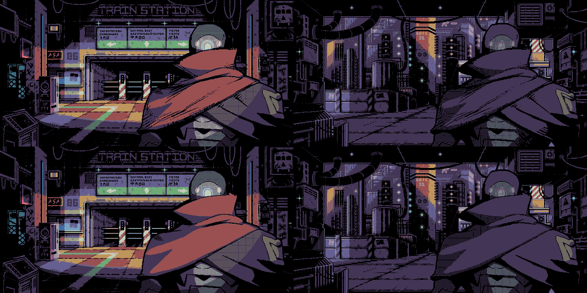 L3RK3's tweet photo. Exploring changing characters colors and shading for PsyAI. I feel the rough style looks nice but doesn't give that "clean" feel people like from pixel art. But perhaps the contrast with the BG works? https://t.co/kbFC7BvZcD