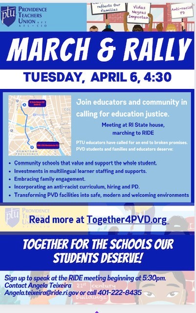 A message from Maribeth Calabro, PTU President:

April 6th, 4:30-6:30pm- Join PTU educators, parents, students and communities calling for an end to broken promises and true education justice. Settle this contract for our students and educators and end this disastrous takeover!