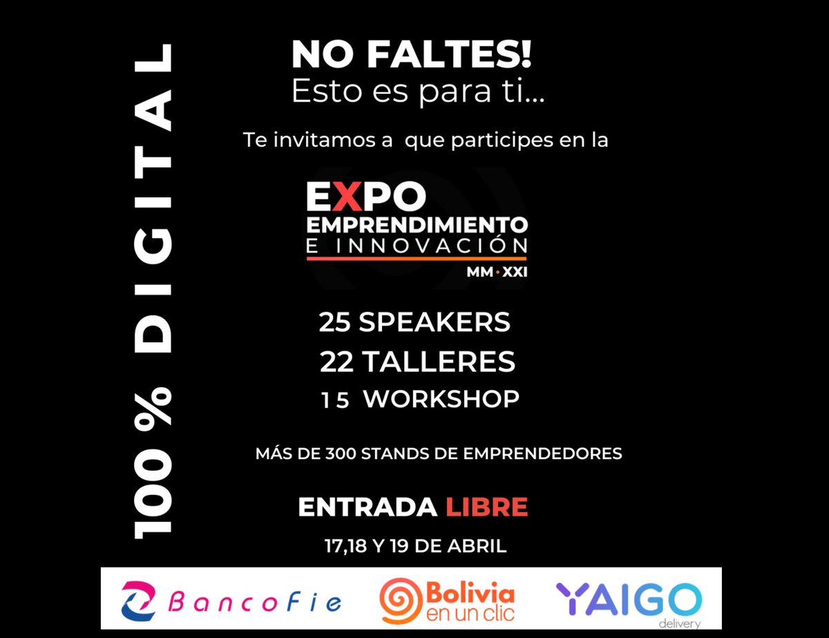 Vamos a ponernos al día sobre el movimiento emprendedor en Bolivia en #EXPOEMPRENDIMIENTO  <a href="/8Pista/">PISTA 8 ACELERADORA</a>  estará presente te esperamos en nuestro stand!
📣📆 ABRIL 17,18,19

 📌REGISTRATE AHORA AQUI
👇🏽👇🏽👇🏽👇🏽👇🏽👇🏽
bit.ly/3aZjiBmCONFERE…