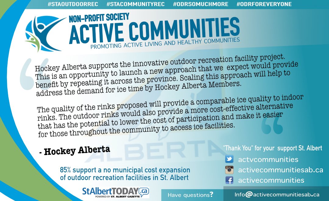 ActvCommunities's tweet photo. “Thank You” St. Albert. Provincial sport governing bodies such as Hockey Alberta have also endorsed their support for the Active Communities innovative outdoor recreation project in St. Albert. Indoor ice quality, outdoors, is a cost-effective option for hockey in our community. https://t.co/5CTA9CT45s