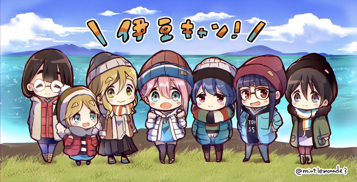 inuyama aoi ,kagamihara nadeshiko ,shima rin multiple girls pink hair glasses hat beanie scarf 6+girls  illustration images