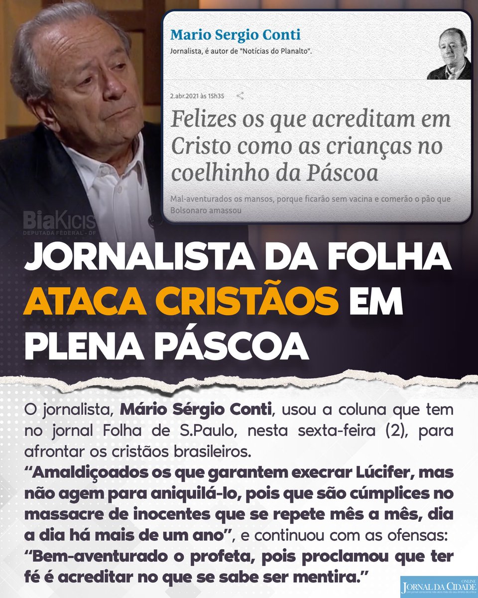 Biakicis's tweet photo. Após lamentar que a facada não tenha atingido o pulmão do presidente e pedir por um "golpe militar do bem", jornalista da folha resolve atacar cristãos em plena Páscoa. Não tem limites! https://t.co/yIlryjsO96
