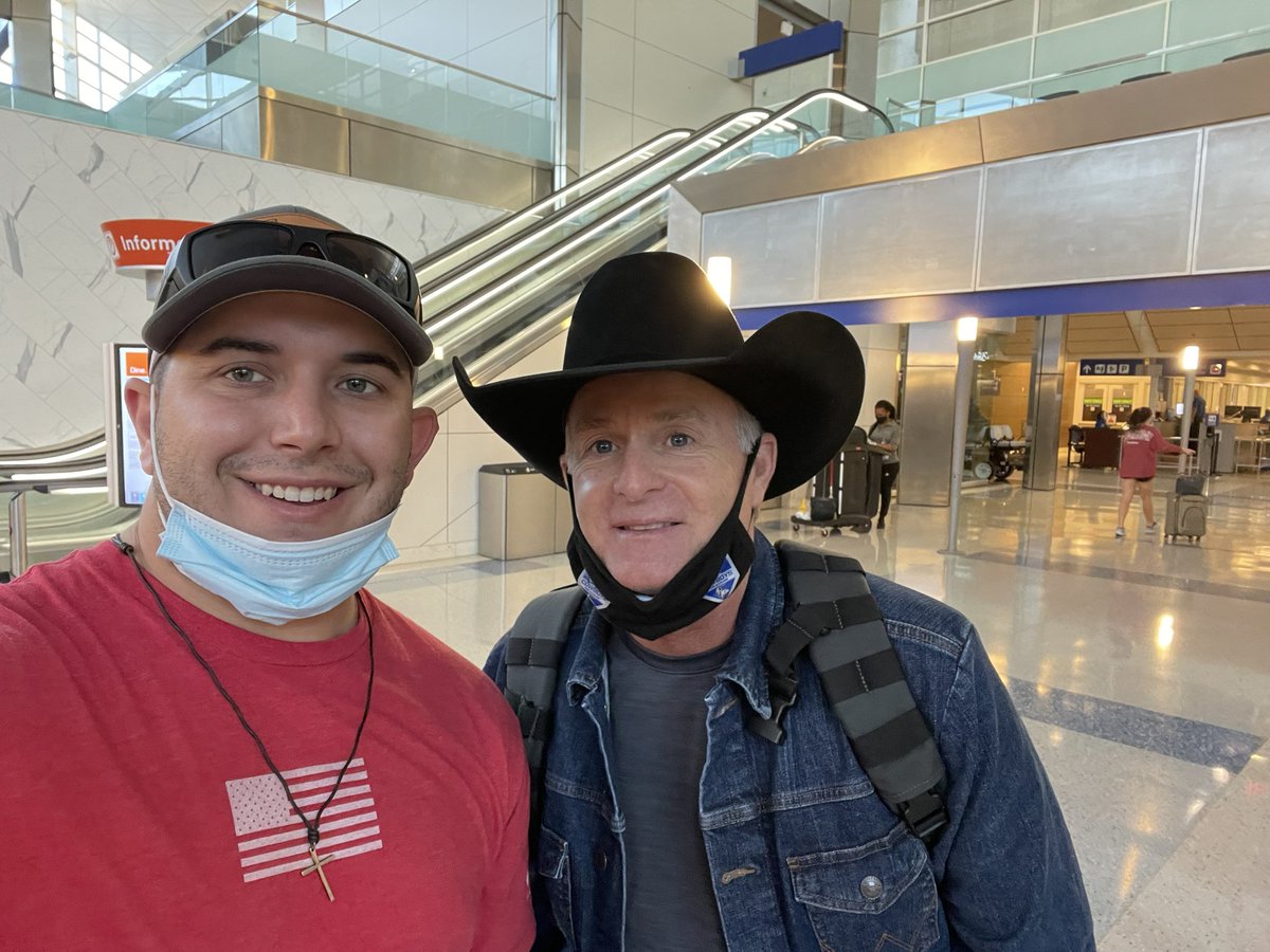 Never seen my husband, <a href="/cowboy__36/">Tyler Jenkins</a>, fan girl so hard but when we saw <a href="/Flintrass/">Flint Rasmussen</a> at DFW airport he couldn’t help himself! 🤩🤪 can’t say I blame him though! #PBR