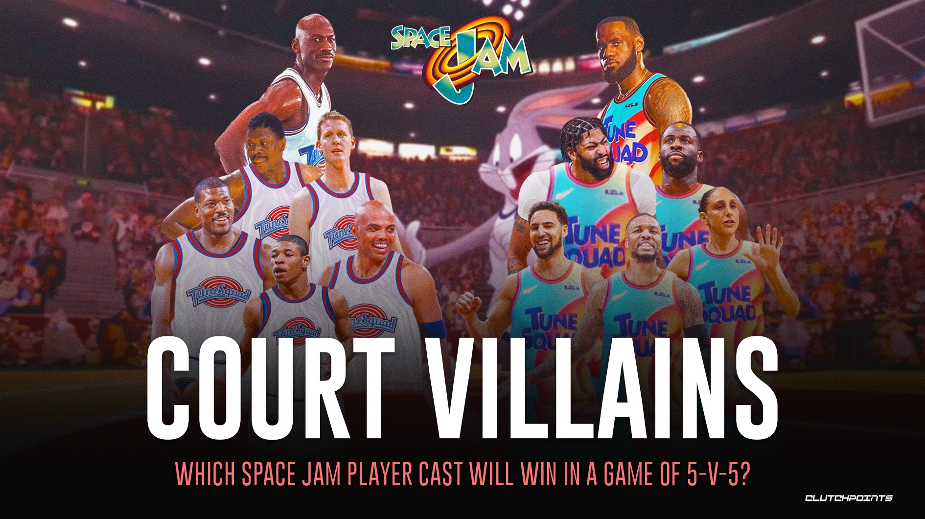 ClutchPoints on X: Who you got in this all-out Space Jam battle? 🔥👀 Team  Michael Jordan: Muggsy Bogues Charles Barkley Larry Johnson Patrick Ewing Shawn  Bradley Team LeBron James: Diana Taurasi Damian