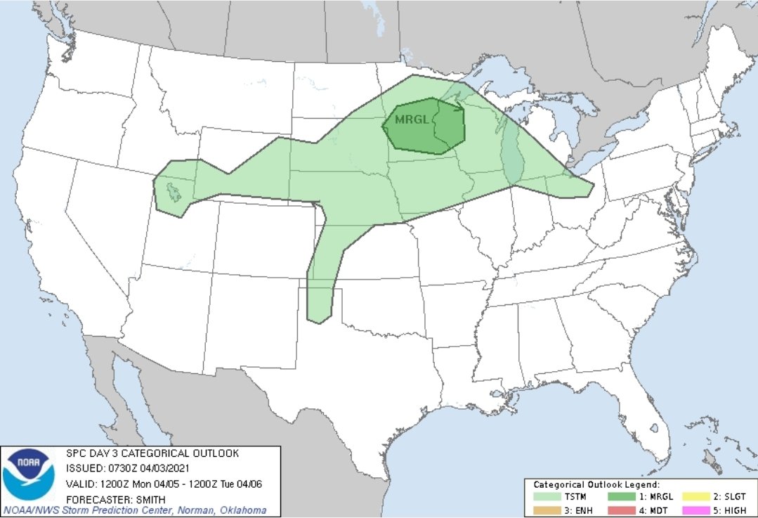 Day 3 SPC Severe Weather (Dinosaur) Outlook. There is a Marginal Risk for severe weather in Central & Southern Minnesota into Western Wisconsin. #wiwx #mnwx https://t.co/jQicfujg41