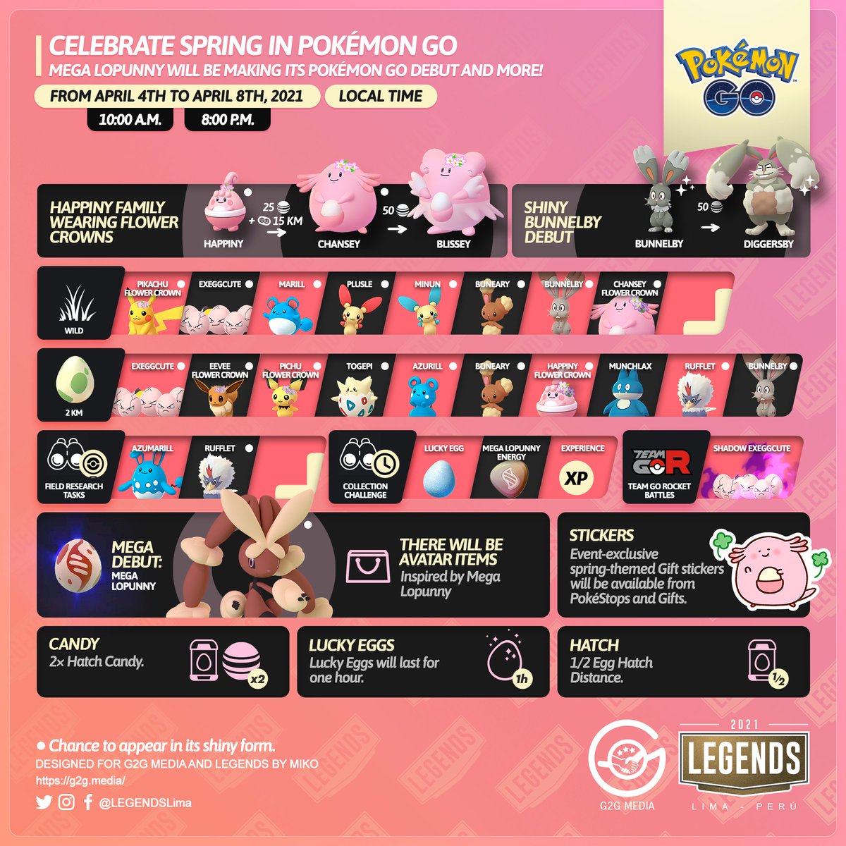 LEGENDSLima's tweet image. 🇺🇸🐰
The #SpringEvent will start soon.
Let&apos;s remember the details of the event.

#PokémonGO #PokémonGOApp #G2G #PokemonGO #Bunnelby #MegaLopunny #Chansey #FlowerCrown