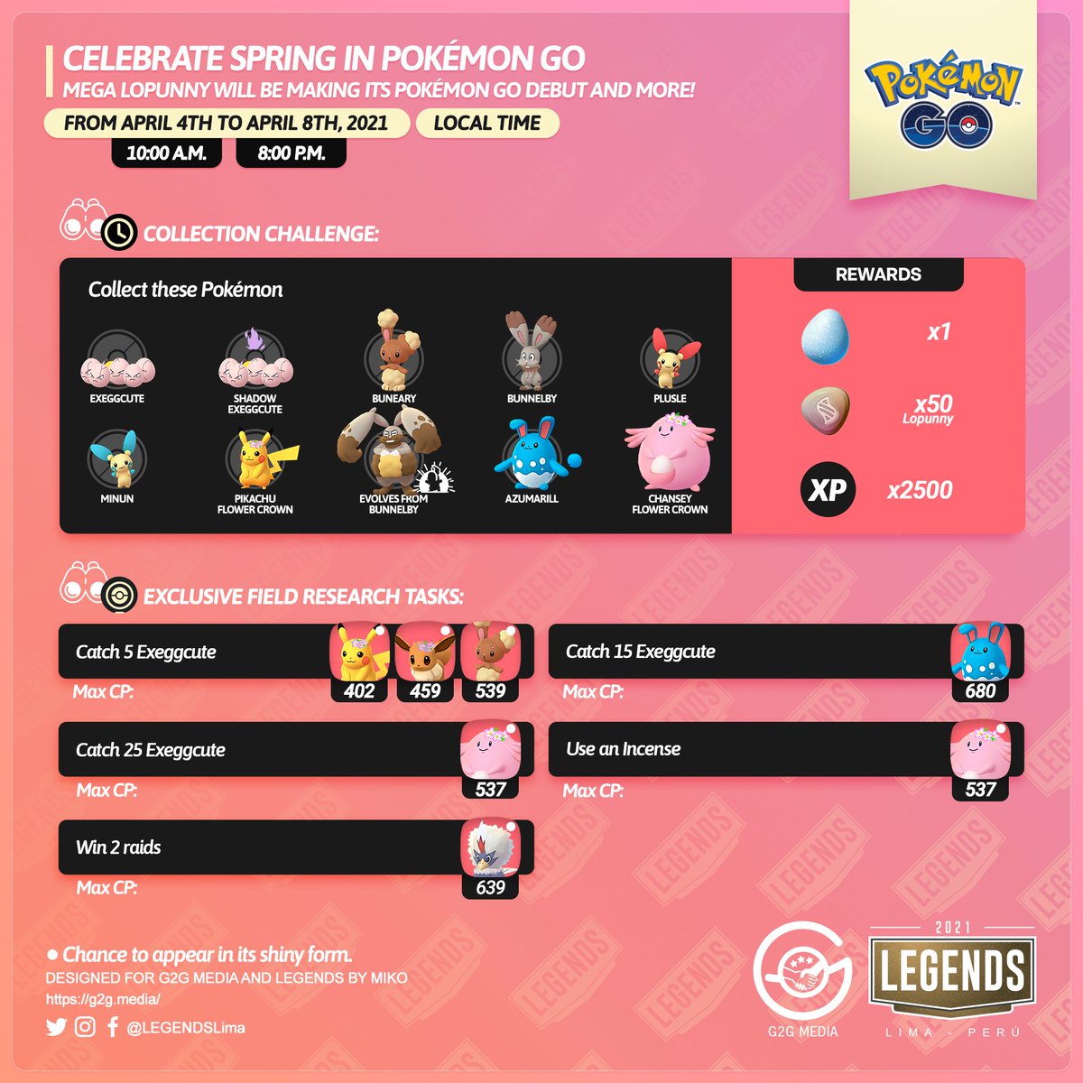 LEGENDSLima's tweet image. 🇺🇸🐰
The #SpringEvent will start soon.
Let&apos;s remember the details of the event.

#PokémonGO #PokémonGOApp #G2G #PokemonGO #Bunnelby #MegaLopunny #Chansey #FlowerCrown