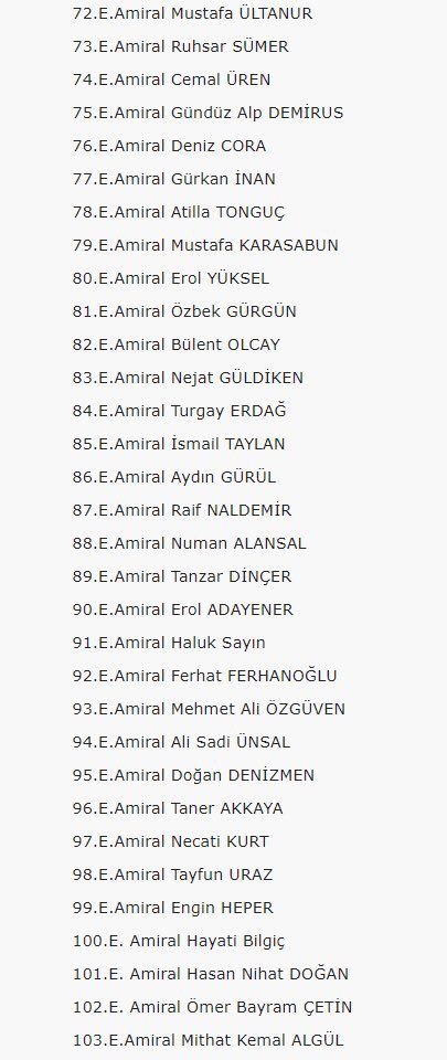 Bildiri Yayımlayan
Bu 103 Emekli Amiral'in
Rütbeleri Sökülsün
Maaşları Kesilsin
Korumaları Geri Çektirilsin
Tahsis Edilen Araçları Geri Alınsın Bedava Oturdukları Lojmanlarından
Çıkarılsınlar.
Tutuklansınlar...
#hodrimeydan 
#HaddiniziBilin