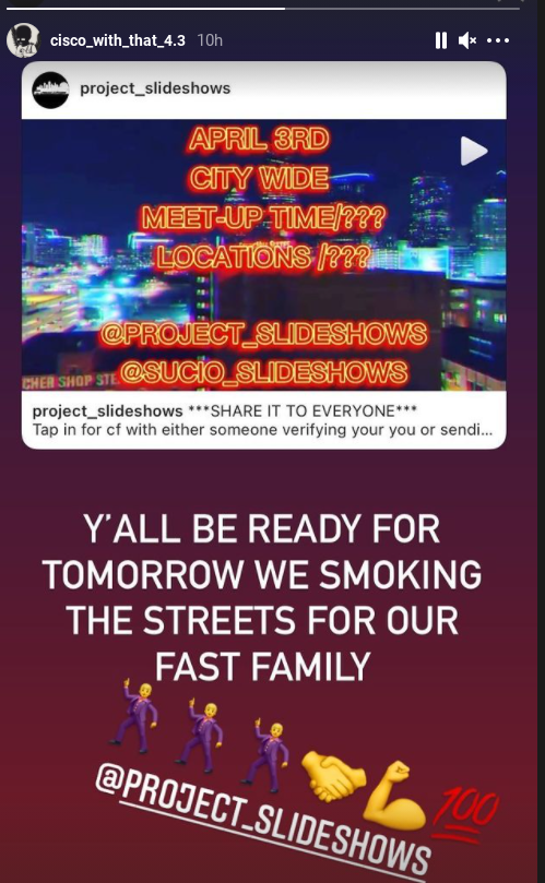 phollowpeople's tweet photo. We are seeing increased social media chatter about street takeovers and slideshows tonight. Please be careful, and consider avoiding the most popular intersections for this ... https://t.co/ZjQNQyBsRp