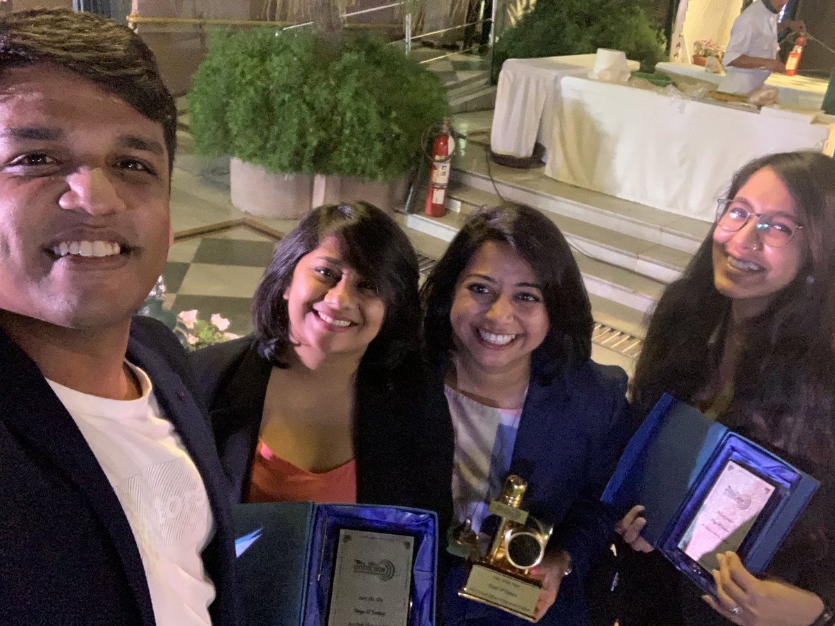 fayedsouza's tweet photo. Our four member team won five awards last night! Our awards-per-capita rate is really cool 😎 

It was also really cool to sit shoulder-to-shoulder with all the major news broadcasters as entrepreneurs, just a year after we left tv. 
@AmithaBala 
@irajha259 
@Arun_Rengs https://t.co/opaVyUMjZn