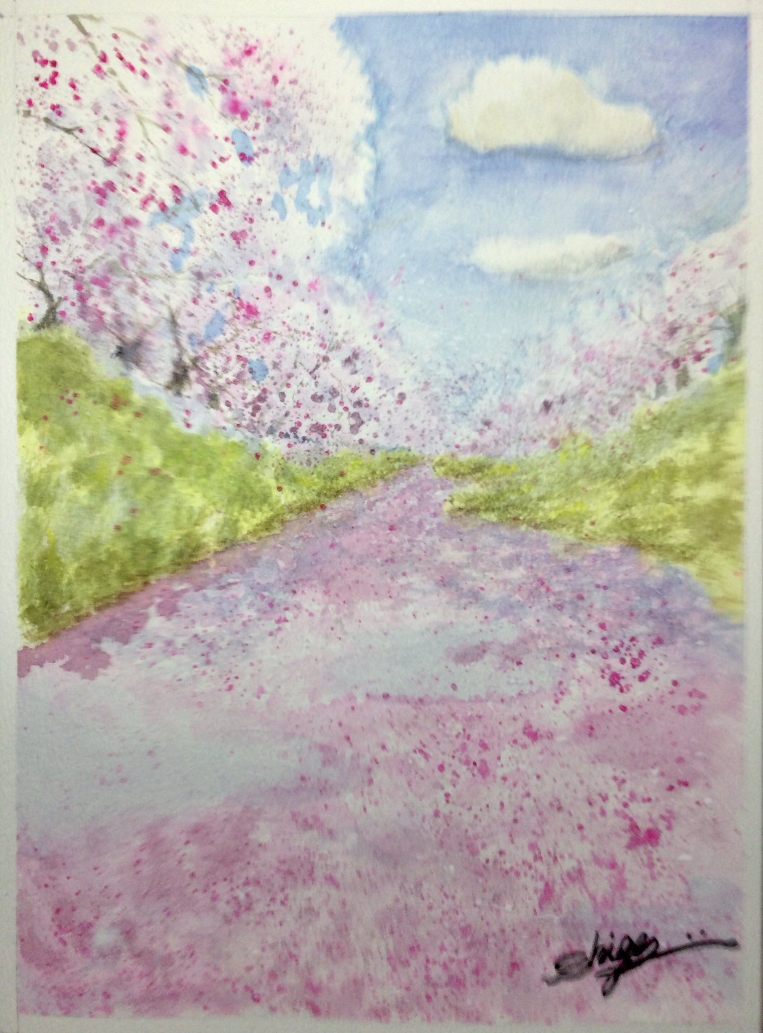 しげ兄 川沿いの桜と花筏 水彩画 風景 川沿いの桜並木 花筏 絵が好きな人と繋がりたい T Co Prkso7lc3u Twitter