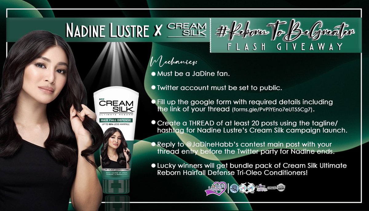 JaDineHabb's tweet image. Bring back life to your hair with the NEW @CreamSilkPH Ultimate Reborn! 

Join our Twitter party for a chance to win bundle packs of @hello_nadine’s Hair Fall Defense Tri-Oleo Conditioner! Read and follow mechanics below!

NADINE BEAUTIFULLY REBORN 
#RebornToBeGreater