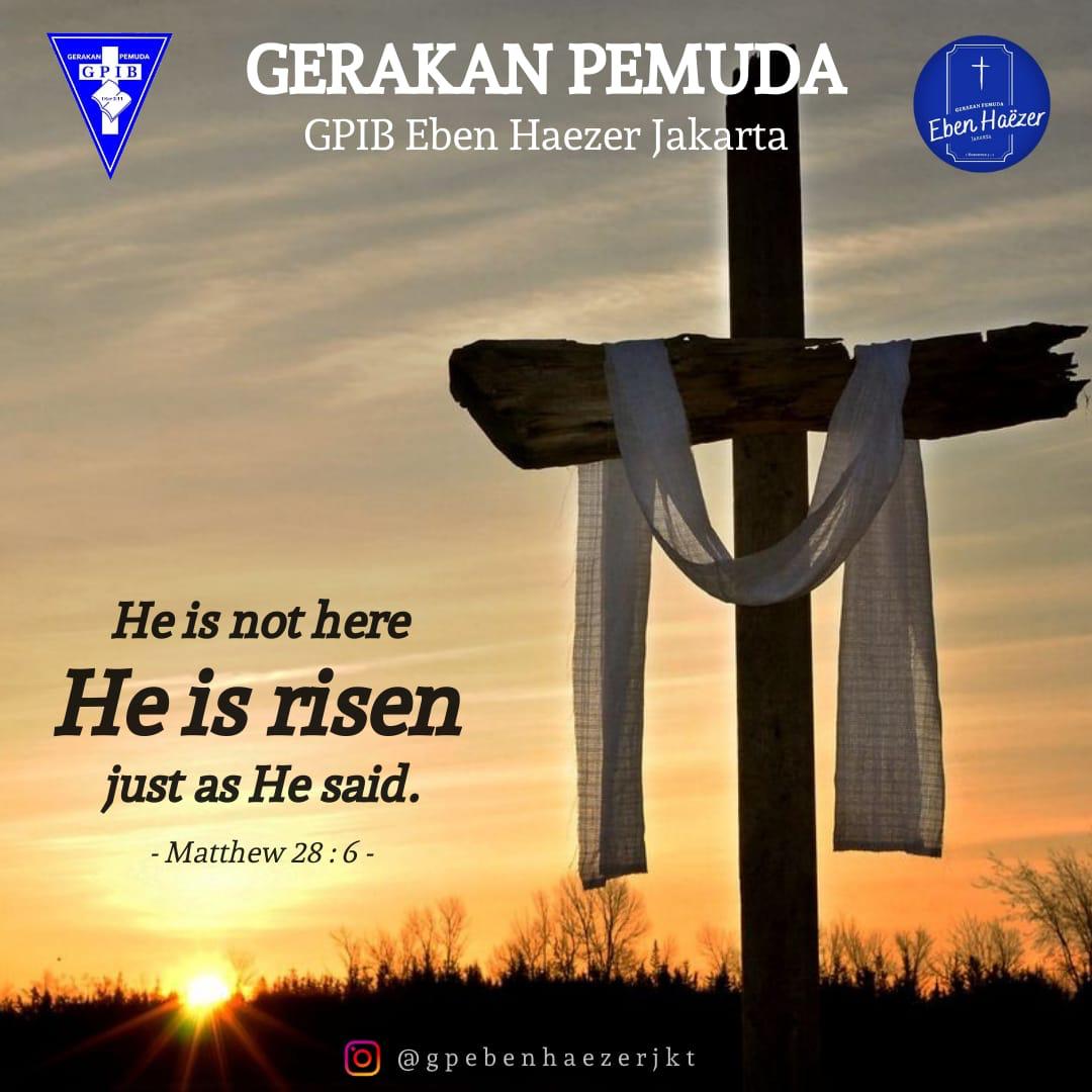 GPEbenHaezer's tweet photo. Selamat Paskah teman-teman GP!
[Matius 28:5-26]
"Janganlah kamu takut; sebab aku tahu kamu mencari Yesus yang disalibkan itu. Ia tidak ada di sini, sebab Ia telah bangkit, sama seperti yang telah dikatakan-Nya. Mari, lihatlah tempat Ia berbaring." https://t.co/WFX7HQZkoZ