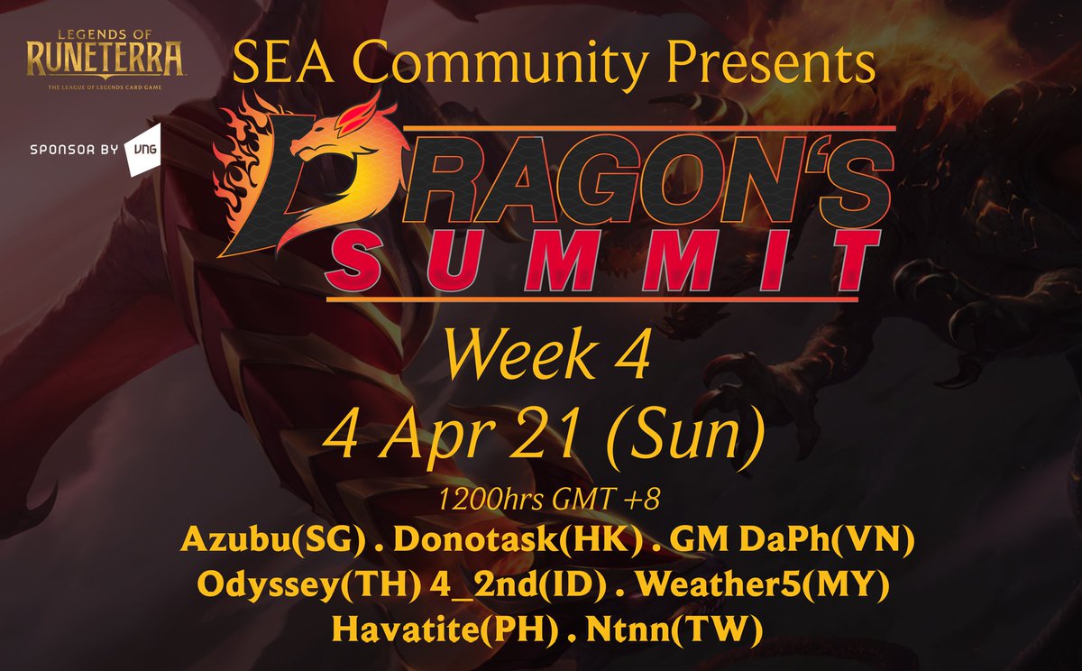 DragonsSummit's tweet photo. Dragon's Summit Week 4 is going live now at https://t.co/n9WZ6IkrzL

Featuring
@azubu_r 
@HAVATITE_ 
Weather5
@4seconD_ID 
GM DaPh
Donotask
Ntnn
Odyssey https://t.co/bvcpLB6H1m