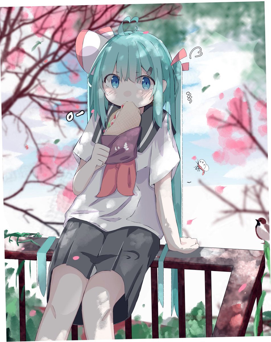 hatsune miku 1girl long hair skirt school uniform food solo outdoors  illustration images