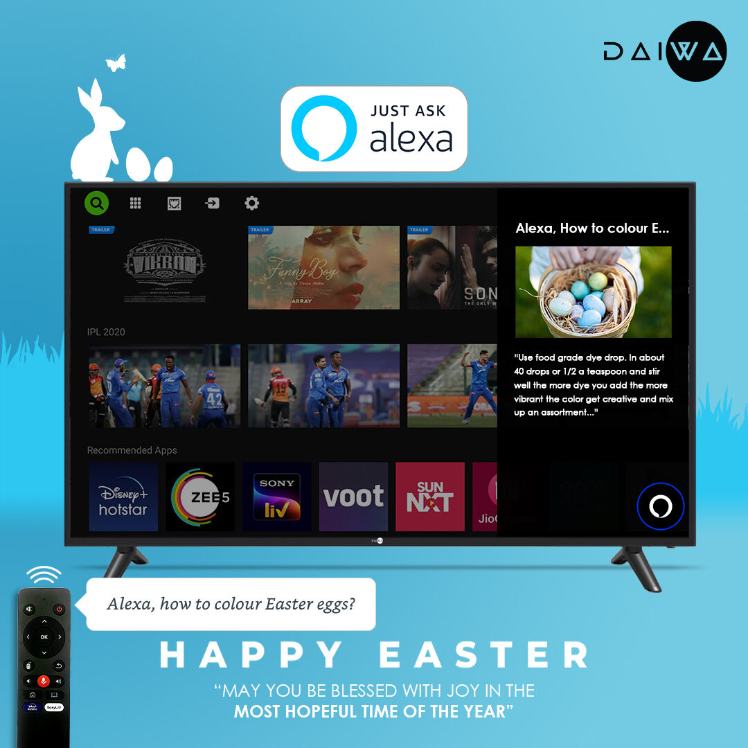 DaiwaIndia's tweet photo. Wishing you a season filled with peace, joy, and beautiful weather. Daiwa wishes everyone a #HappyEaster. Have a joyous celebration with your family.
#Easter #Easter2021 #Daiwa #DaiwaTV #SmartTV #TVolution #MadeInIndia #IndiaKaApnaTV #LEDTV #AndroidTV #Android #SmartBox #Alexa https://t.co/B9X3KjFWtf