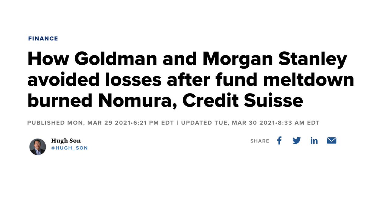 11/ If a portfolio is levered 5x, it only takes a 15-20% sell-off to wipe an investor out. Hwang's banks met and discovered the scale of Archegos' scheme. They could work together to unwind the swaps...or beat each other to the exits.GS and Morgan peaced the F out..