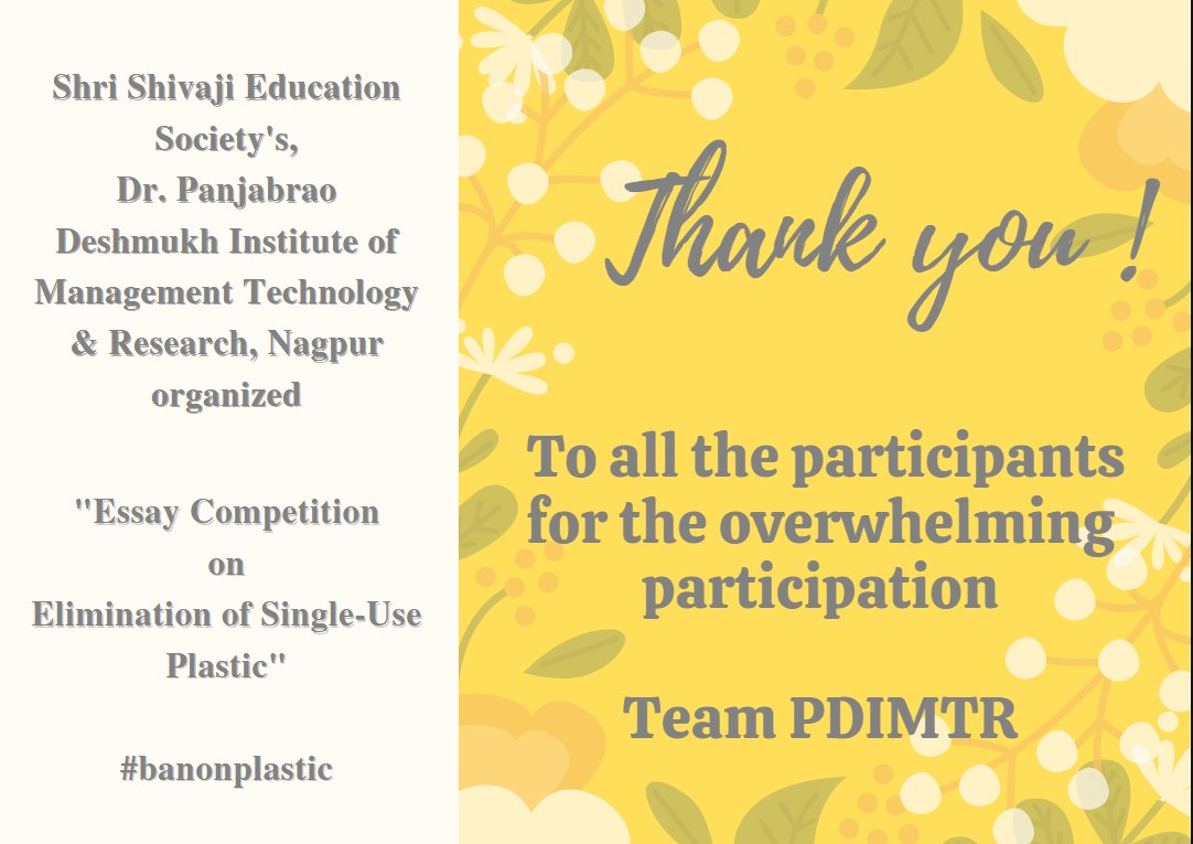 PriyankaWandhe's tweet photo. 🍂Team #PDIMTR Congratulates 💐💐 all the participants for the overwhelming participation ✨✨✨
#banonplastic #beatplastic #plasticpollution #eliminatesingleuseplastic https://t.co/Y4IBDuRyV4