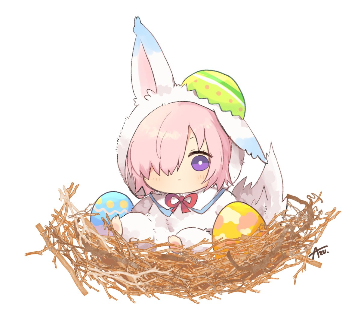 fou (fate) ,mash kyrielight 1girl purple eyes hair over one eye solo white background egg cosplay  illustration images