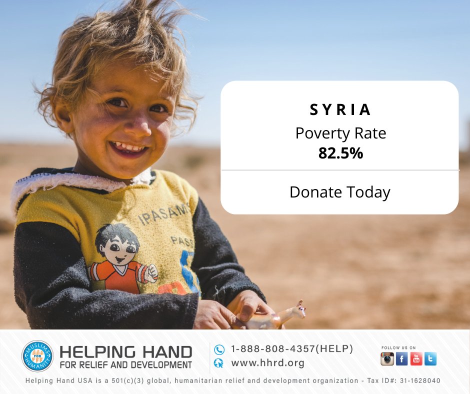 HelpingHandUSA's tweet photo. #theharshrealityis that Syria has one of the highest poverty rates in the world. They come in at a whopping 82.5% + they suffer from a refugee crisis, #theystillneedus. 🇸🇾

#nonprofitorg #nonprofits #donatenow #savethechildren #syrianrefugees #ngo #charity https://t.co/kv0YuJGzy6