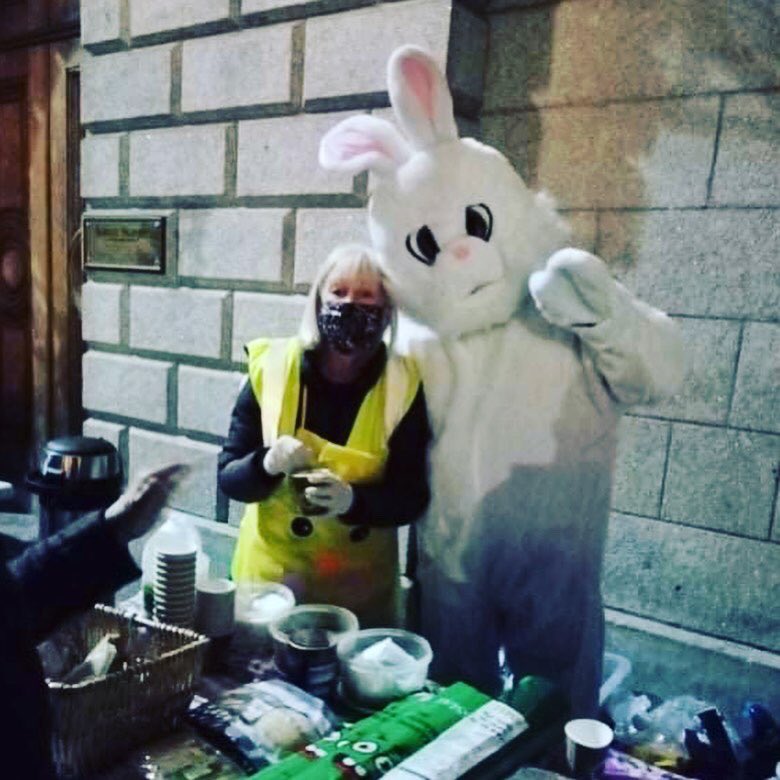 FHFDublin's tweet photo. Happy Easter from all of us at @FHFDublin. We appreciate all@you do to support us. Easter Bunny went down a hit on Friday Night.
#Easter2021 #souprun #friendshelpingfriendsdublin https://t.co/EeNB1Kjtq6