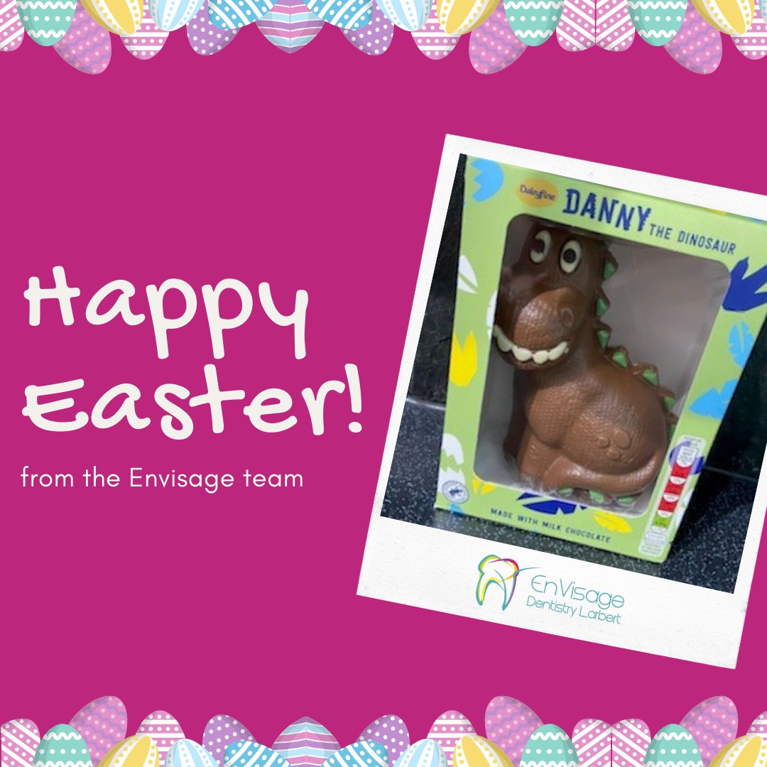 EnvisageLarbert's tweet photo. #HappyEaster from the Envisage Dentistry Larbert team 🐣🐰

We hope you’re all having a lovely #Easterweekend - don't forget to brush your #teeth after all your #Easterchocolate like Danny the Dinosaur, our Easter mascot 😁🍫

Have a great day and take care, everyone! 🌼 https://t.co/RcSf1v5cfS