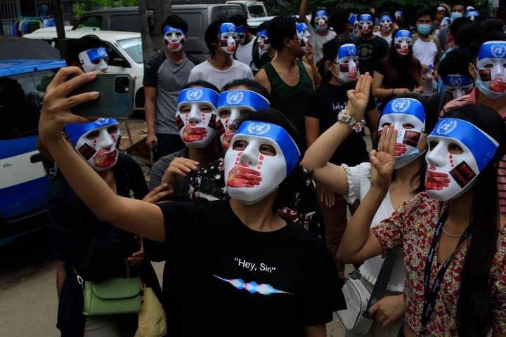 <a href="/cvdom2021/">Civil Disobedience Movement</a> <a href="/CrphMyanmar/">CRPH Myanmar</a> Myanmar Civilians are protesting &amp; wearing masks  which mean “CHINA IS BLOCKING IN UN’s DECISION” for Myanmar. We need urgent international helps , don’t ignore us !! 

#WhatsHappeningInMyanmar #Apr4Coup