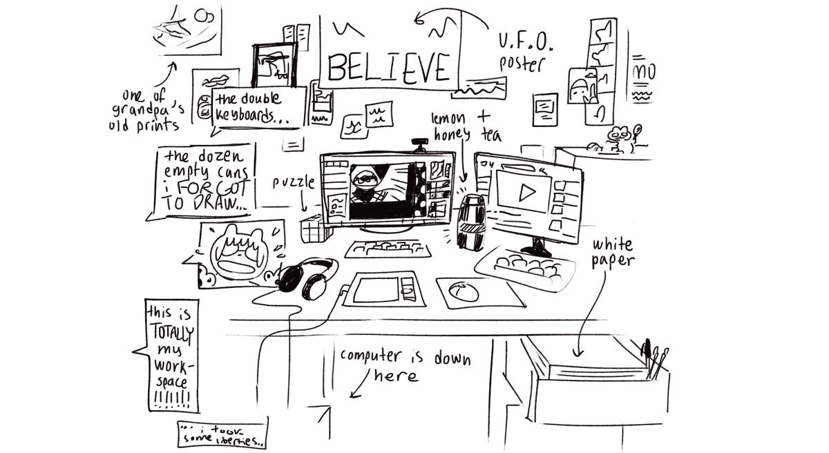 also a random workspace doodle because its almost 4 and im not having coherent thoughts anymore LOL 