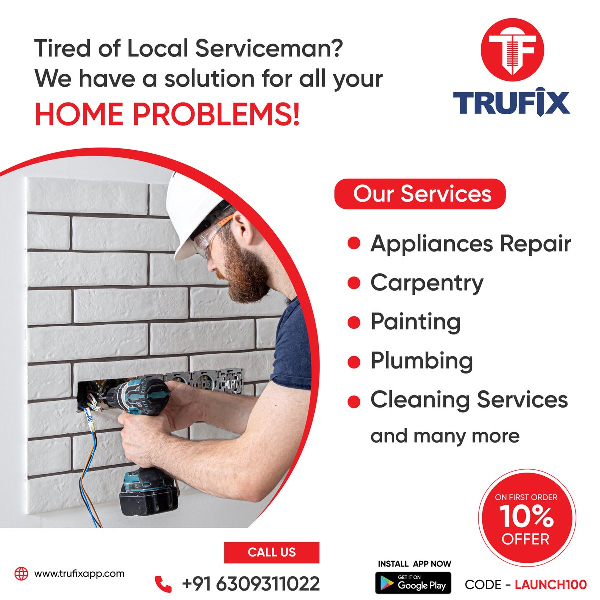 Tired of local Servicemen? We have a solution for all your Home problems! 
#Trufix is here in Guntur for your #HomeRepairs done at lowest price. Our services includes #AppliancesRepair, #CleaningServices, #Carpentry, #Painting, #Plumbing and more. 

For booking, Call@6309311022