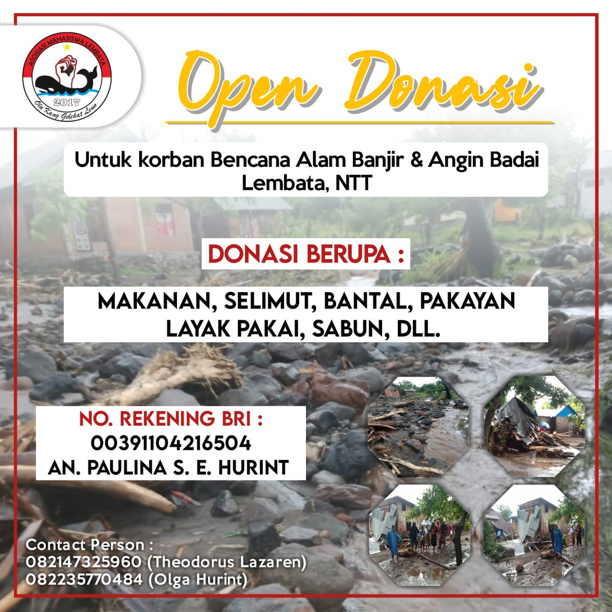 HermanEfTanouf's tweet photo. OPEN DONASI

Teman-teman yang ingin berdonasi bagi korban bencana banjir dan angin badai di NTT, silahkan. Flyer di bawah ini secara khusus untuk para korban di Lembata, NTT.

#PrayForNTT https://t.co/zlc2Qs6mFp