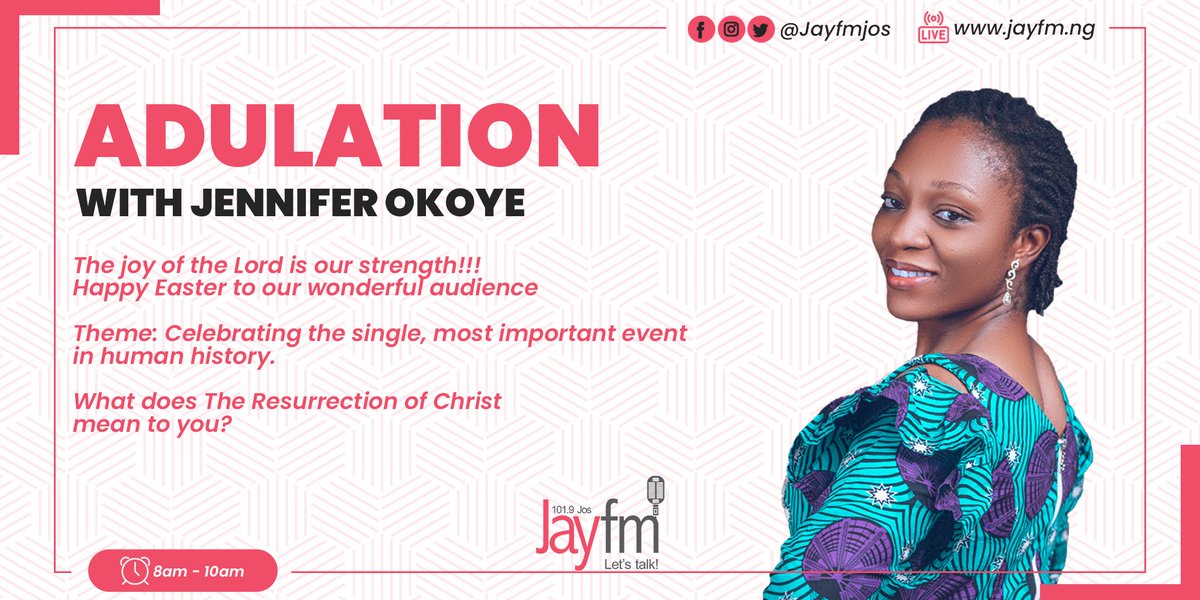 jayfmjos's tweet image. The Joy of The Lord is our strength!!

Happy Easter to wonderful listener of #ADULATION W/ @JennyIfyOkoye

Time:  8:00 - 10:00Am

Theme: “Celebrating the single, most important event in human history”

What does The Resurrection of Christ mean to you?
🧵