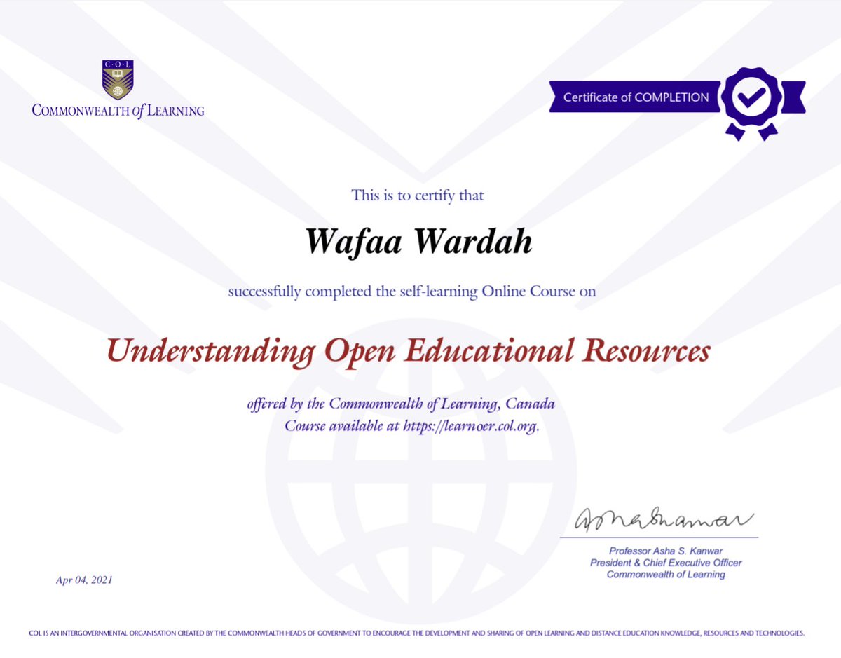 WardahWafaa's tweet photo. #OER by #CommonwealthofLearning short course for #ED403 https://t.co/SCwLidUonJ