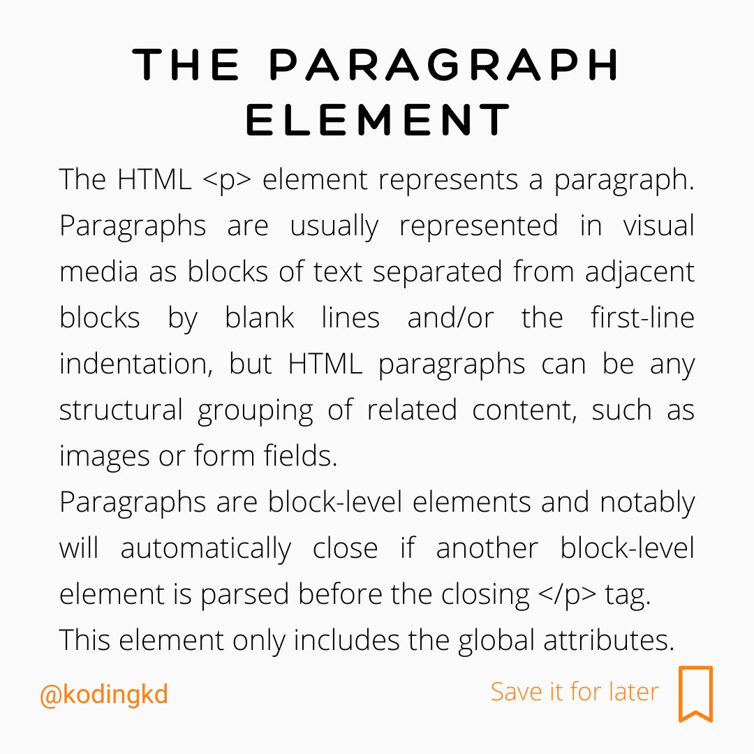 kodingkd's tweet image. Day - 3 | &lt;p&gt;: The Paragraph element
Follow @kodingkd for more 💯
.
Was It helpful?
Let me know in the comments 👇🏼
.
.
.
#ptag #paragraph #html5 #30daysofhtml #htmlcoding #html #htmlcss #bootstrap #bootstrap4 #cssanimation #javascript #javascriptdeveloper #frontenddeveloper