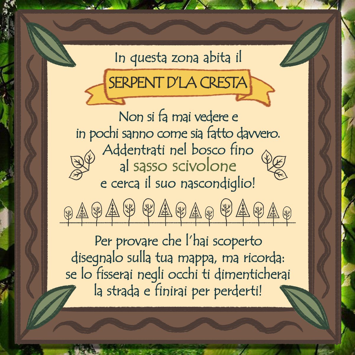 vicas_art's tweet photo. Oggi siamo alla ricerca di una creatura particolarmente misteriosa e dispettosa...non le piace proprio farsi vedere bene... 🌲🐍🌲
#ecomuseomalesco #acacciadeidrò #ciapadrò #percorsieducativi #kids #kidsactivities #childrensbook https://t.co/10JbaEiI2i