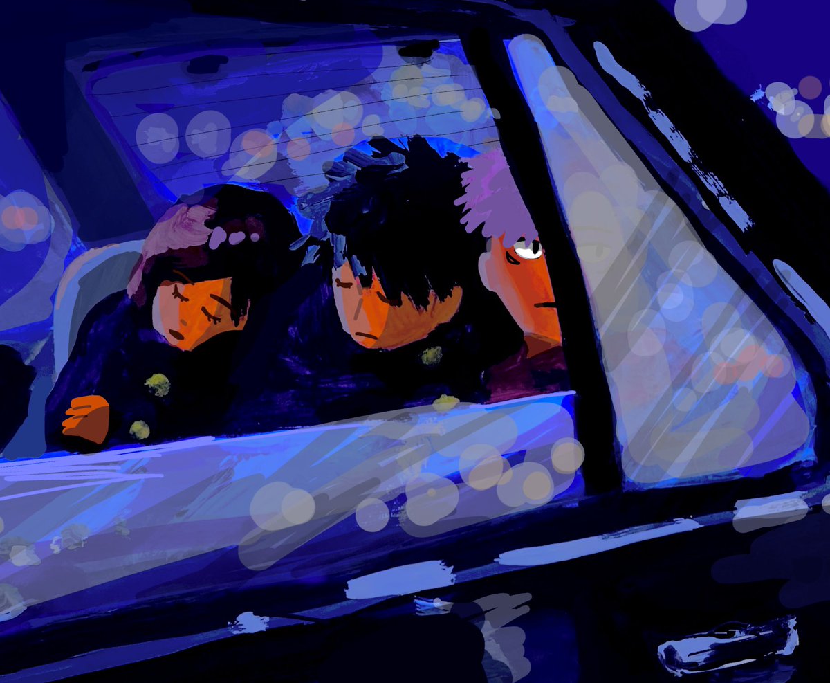 multiple boys black hair 1girl 2boys sleeping ground vehicle short hair  illustration images
