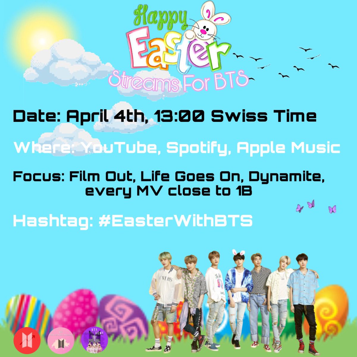 BTSSwitzerland's tweet photo. 🐰Happy Easter Streaming Party🥚
Lasst uns Streamen🇨🇭ARMYs
💪🏻🎧📈
Hier ist eine Playliste von @bts_swiss_army:
📺:https://t.co/xDfMqc1eIT
🔊🎶:https://t.co/umh6W4iIp2
🍏🎵:https://t.co/7iBqY4afid
Vergesst den Hashtag #EasterWithBTS nicht.😇
💜🐰Viel Spaß & Frohe Ostern🥚💜 https://t.co/fVxT6Oy92M