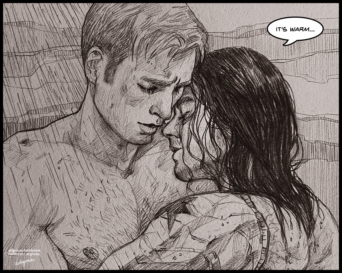 Pencil illustration of Steve and Bucky embracing in a running shower, capti...
