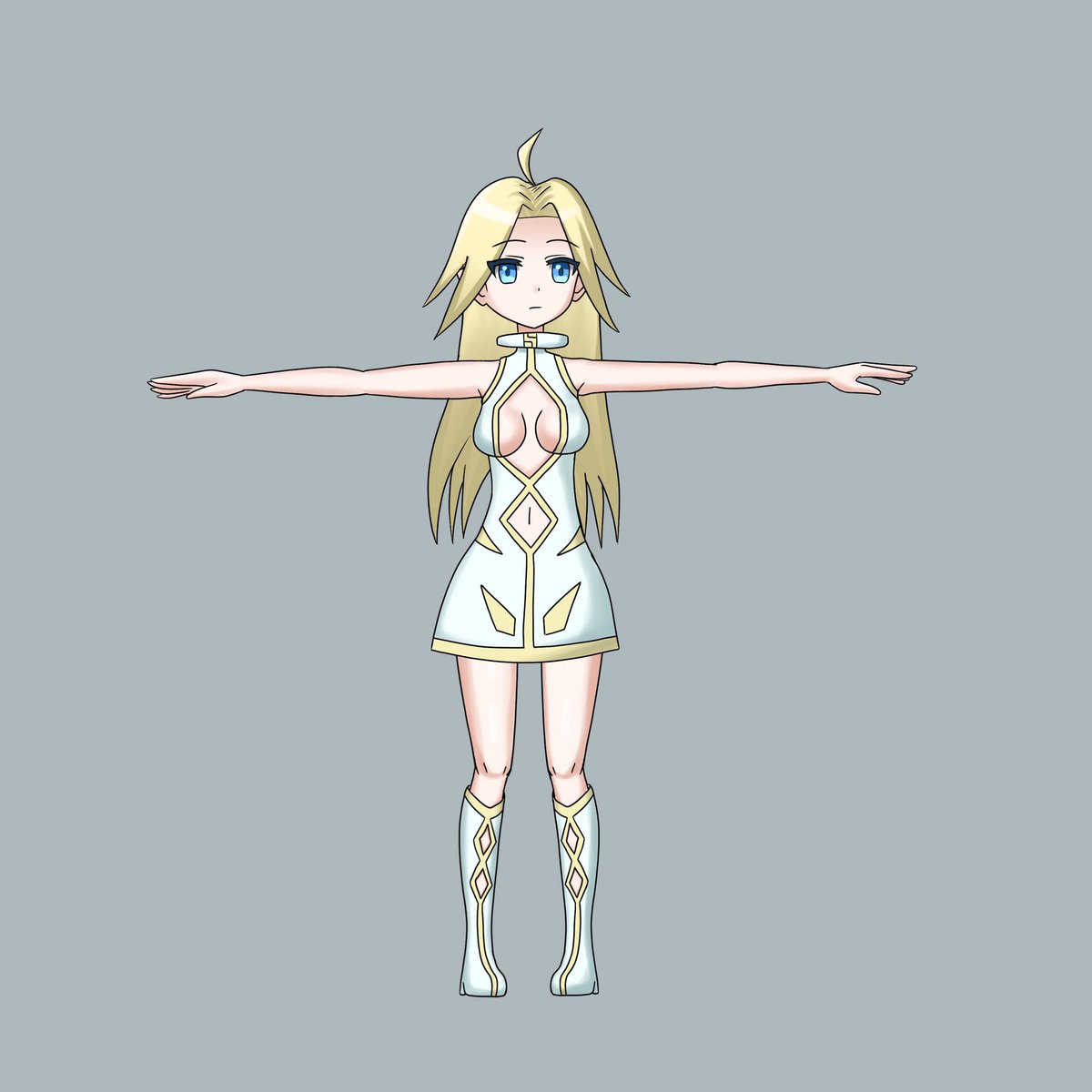 イヴちゃんの正面のアニメーション用データの試作ができた。5頭身くらい。正面といいつつ微妙に顔が斜めなのは参考にしたミッションマーメイデンもそんな感じだったので 