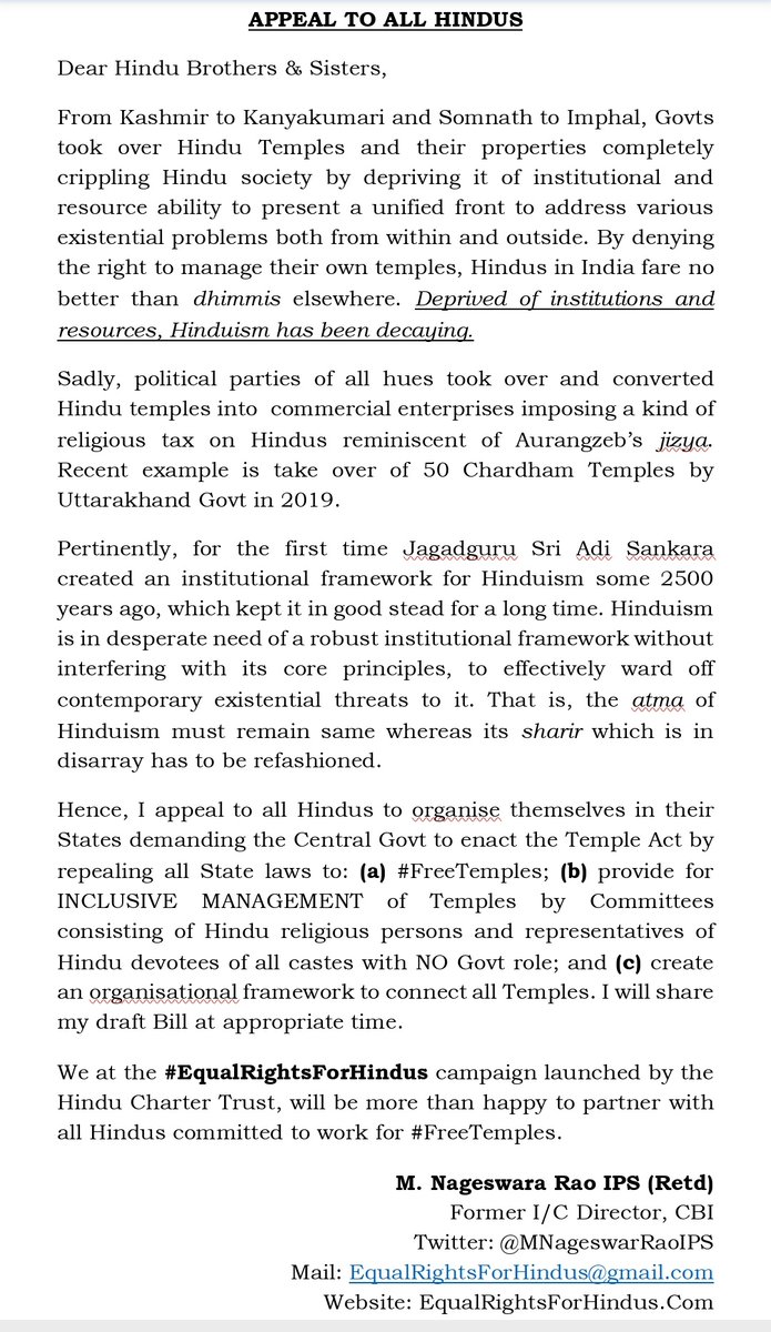 trramesh's tweet photo. Namaste 🙏🏼🙏🏼 @MNageswarRaoIPS . I agree with some of the actually Dharmic points you raise. However, points (b) and (c) in this Appeal are against the interest of Sampradayas, their rights and their survival. This "Framework" will be hijacked by any Govt incldng @BJP4India govt https://t.co/Z6z0CNd5n0