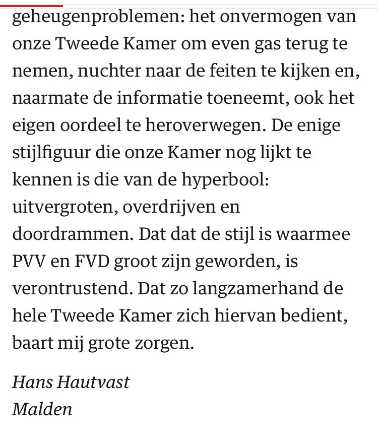 Hopelijk lezen journalisten en kamerleden de brief van Hans Hautvast uit Malden in NRC Handelsblad.