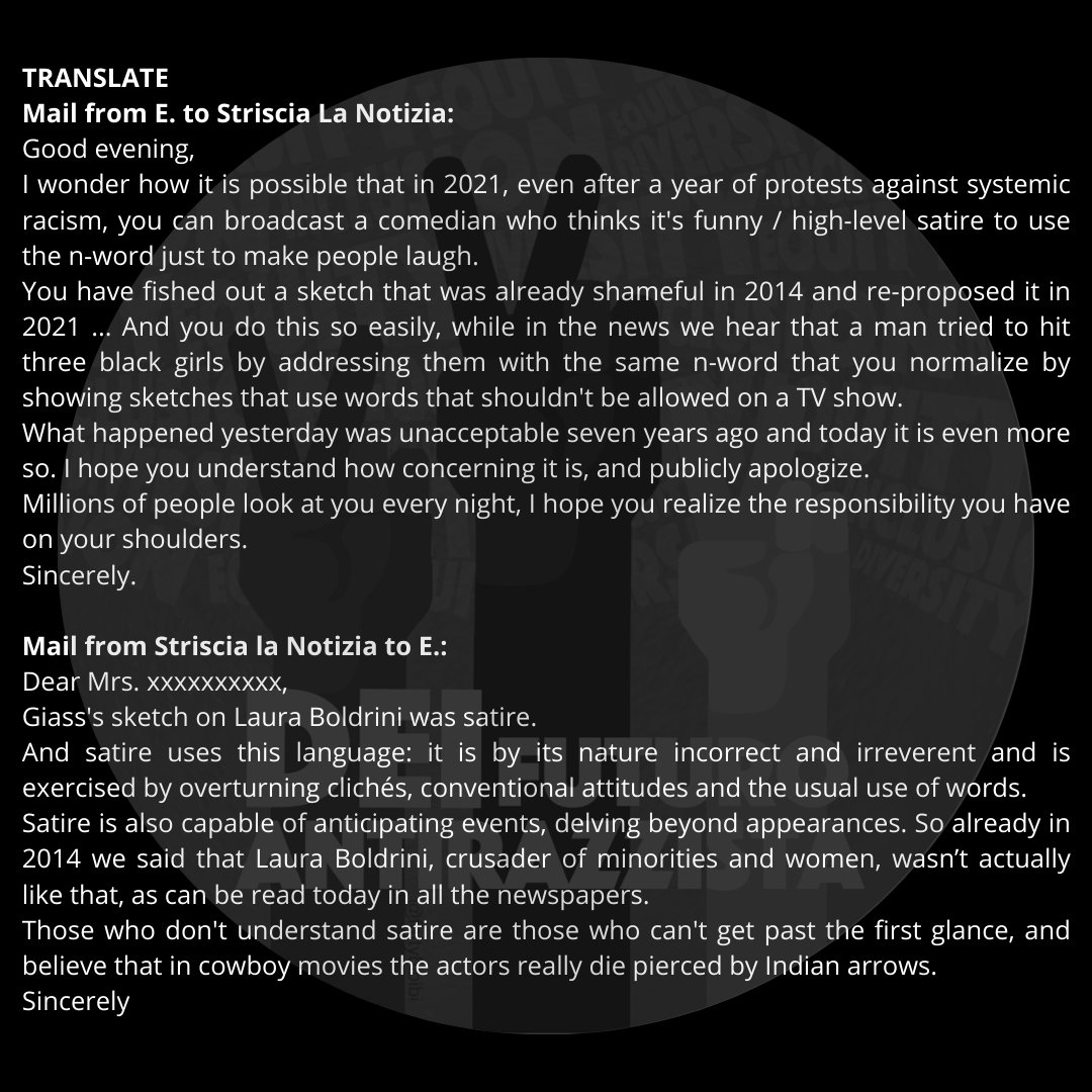 dei_f_arazzista's tweet photo. Following what happened on that TV program one of our followers complained about what they broadcasted, and this is their reply.
PLEASE HELP US SPREAD THIS CRAP WORLDWIDE.
We won't tollerate their attempt to normalize the N-word, NEVER.
#italiantelevisionisracist
#EnoughIsEnough https://t.co/GV5oOUDgnQ