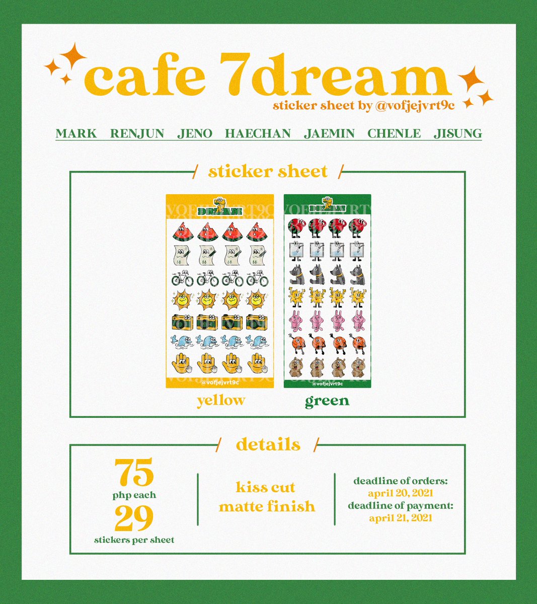 vofjeJvRT9c's tweet image. ✧ 𝐜𝐚𝐟𝐞 𝟕𝐝𝐫𝐞𝐚𝐦 𝐬𝐭𝐢𝐜𝐤𝐞𝐫 𝐬𝐡𝐞𝐞𝐭
by @vofjejvrt9c

☕️ 75 php each
☕️ DOO: april 20, 2021
☕️ DOP: april 21, 2021
☕️ order here: bit.ly/cafe7dream

𝐑𝐓 𝐄𝐕𝐄𝐍𝐓
rt, like + follow &amp;amp; get a chance to win 2 sheets!

DM for intl g.o!