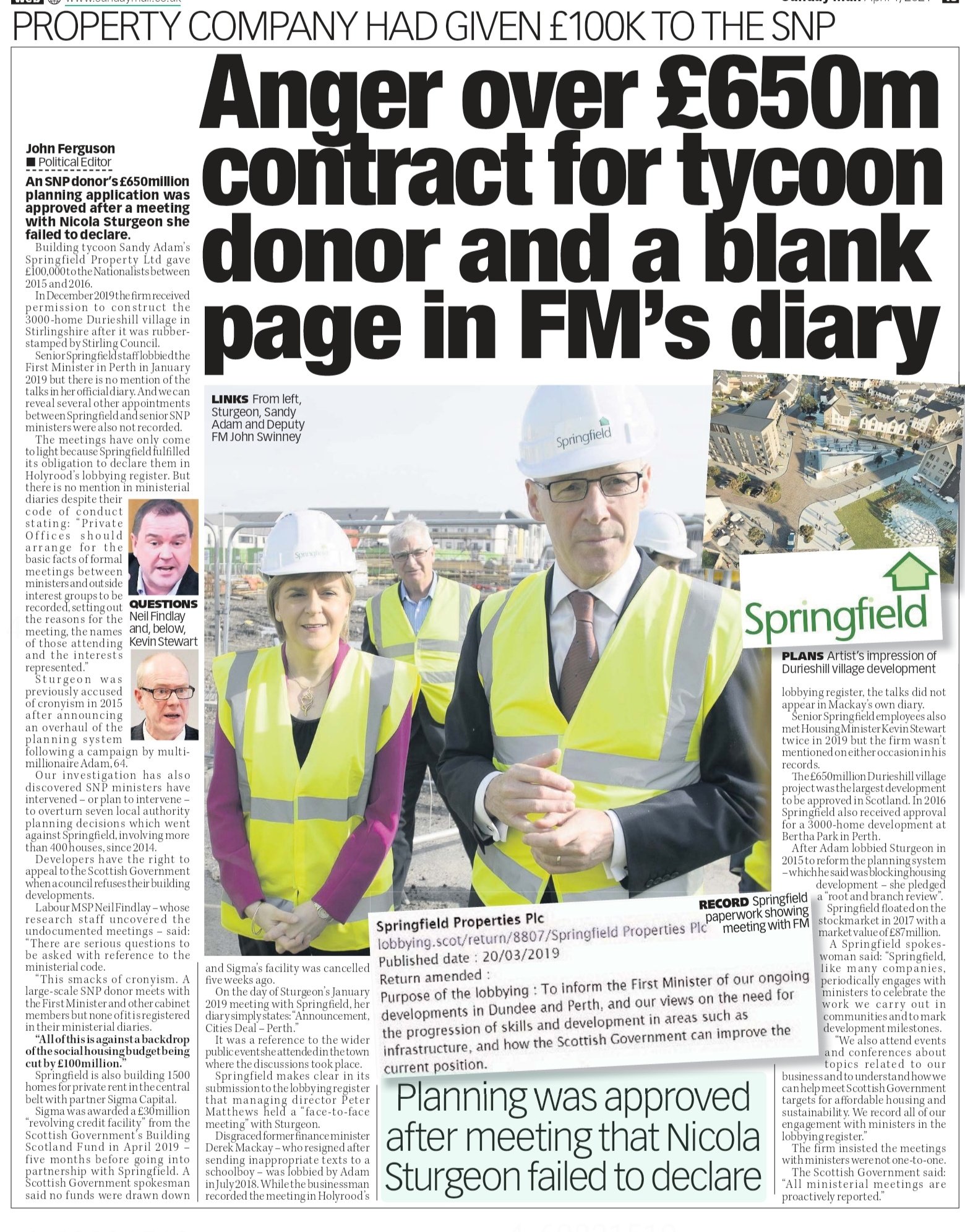 Agent P🏴󠁧󠁢󠁳󠁣󠁴󠁿🇬🇧 on Twitter: "WOW! Another secret Sturgeon  meeting. A blank page in Sturgeon's diary. A property company donates £100K  to the SNP. Same property company gets awarded a £650m contract. Why