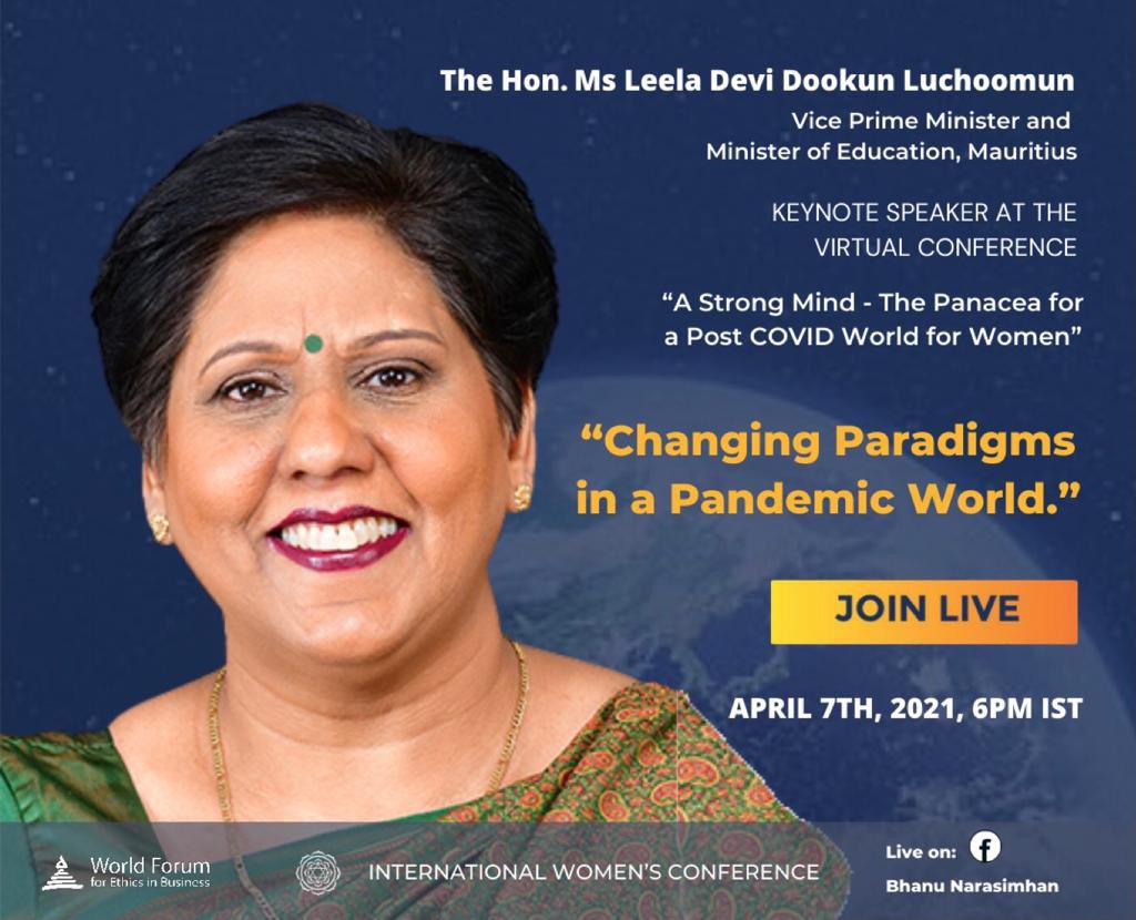 Watch the Hon. Leela Devi Dookun-Luchoomun, Vice-PM & Minister of Education & Human Resources, Tertiary Education & Scientific & Technology, Mauritius, live for the #WFEB-IWC session'A Strong Mind: The Panacea for a Post Covid World for Women' 7 April, 6pm facebook.com/Bhanumathi.Nar…